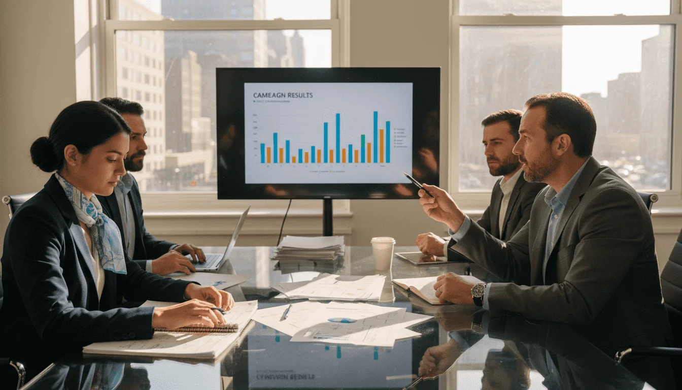 Marketing team reviewing campaign dashboard