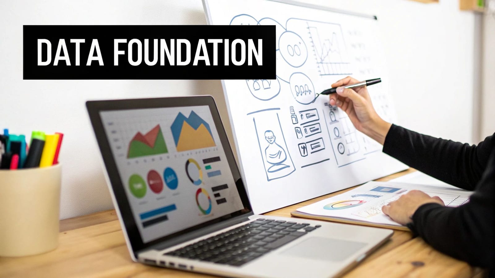 A person analyzing data with charts on a laptop and drawing diagrams on a whiteboard, labeled 'Data Foundation'.