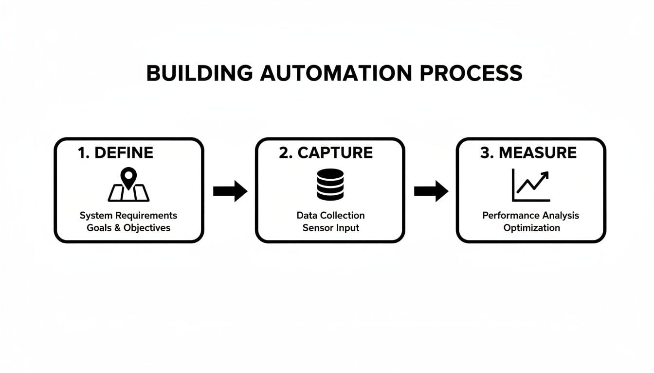 A diagram illustrates a 3-step building automation process: Define, Capture, and Measure.