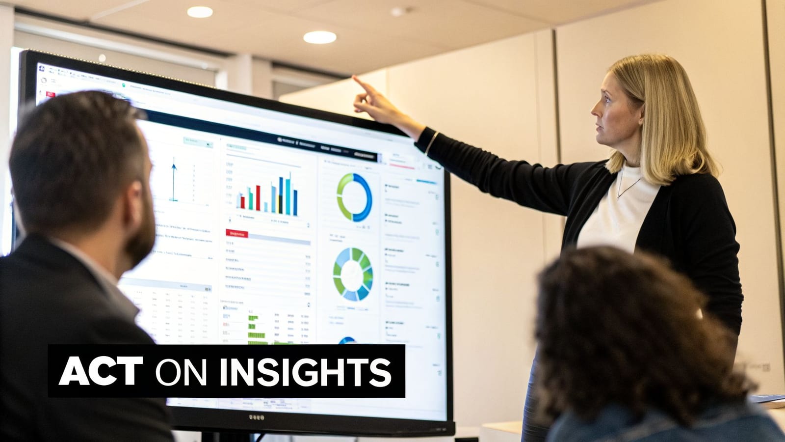 A woman presents data visualizations on a large screen to colleagues in a business meeting.
