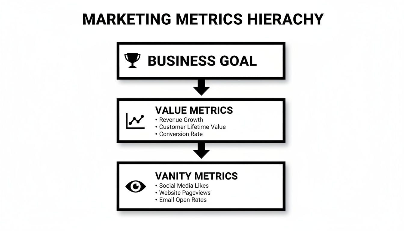 A diagram illustrating the marketing metrics hierarchy, from business goals to value and vanity metrics.