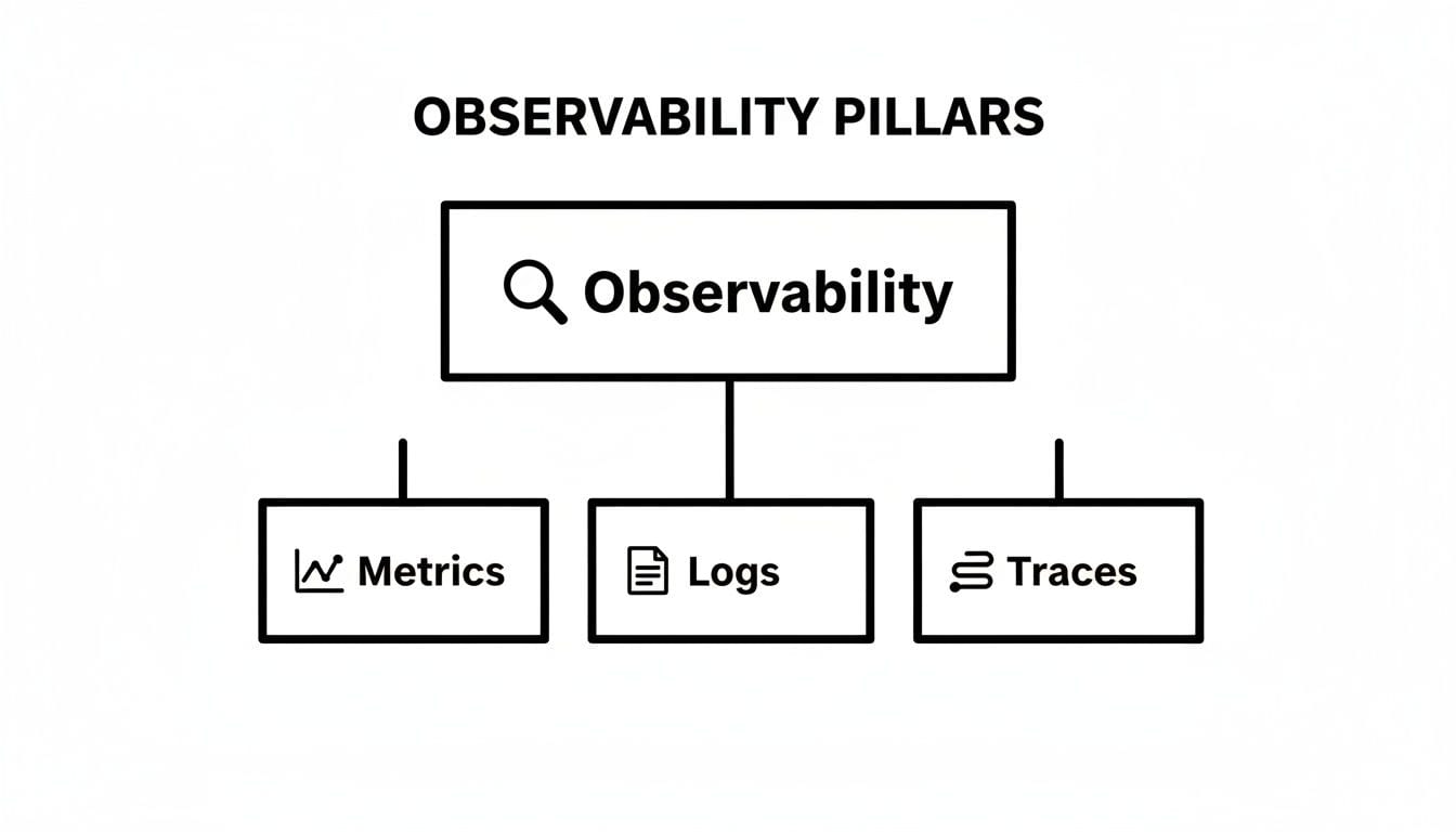 A diagram illustrating the observability pillars: metrics, logs, and traces as key components.