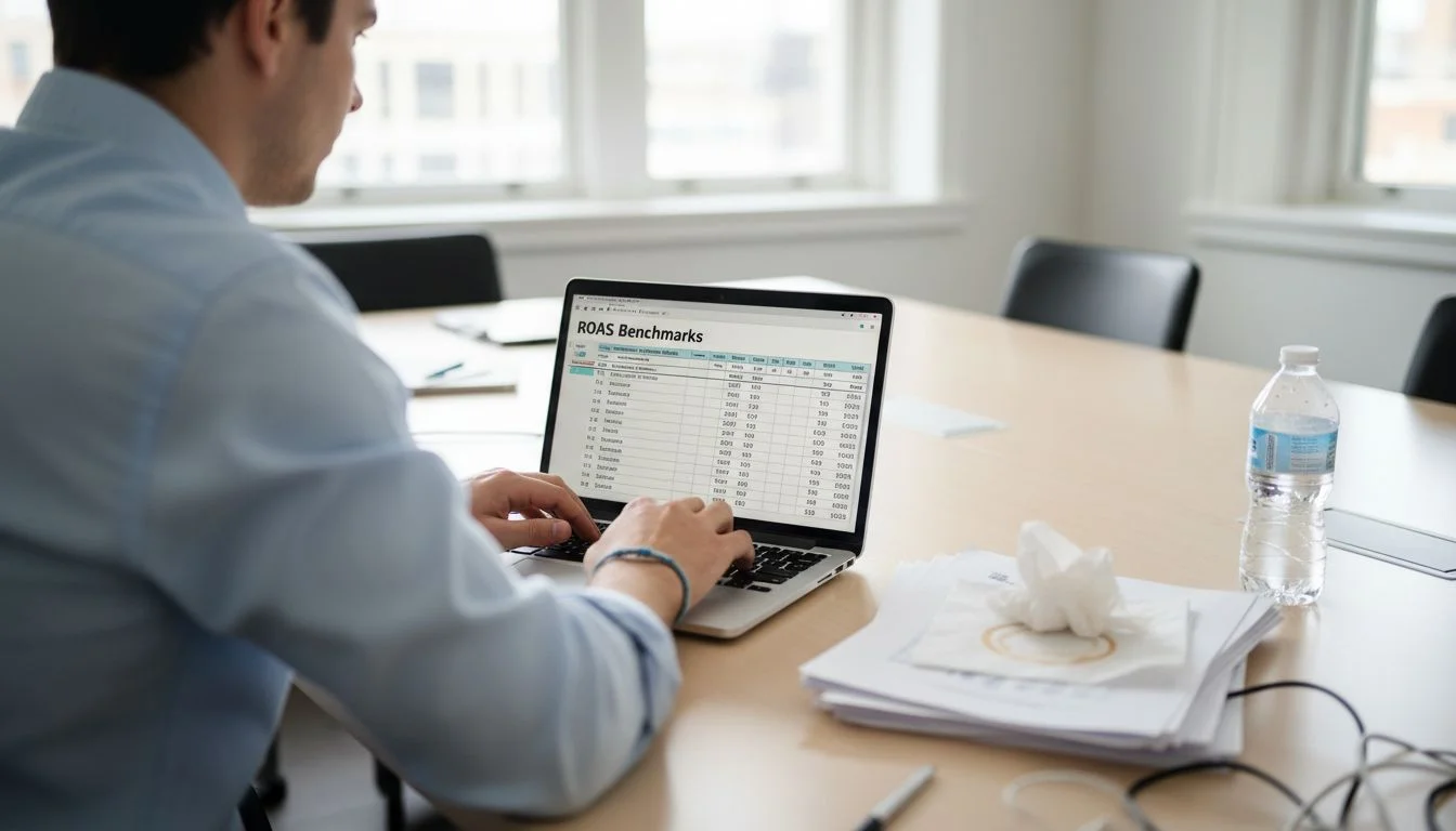 Analyst calculating ROAS at meeting table