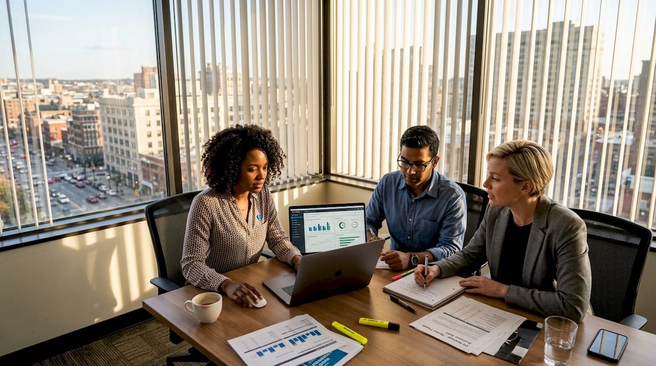 Marketing team discussing dashboard analytics