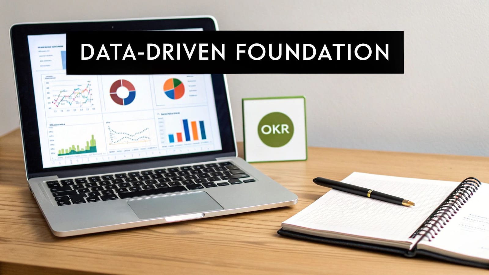 A desk setup featuring a laptop with data visualizations, an OKR block, and a notebook, highlighting a data-driven approach.