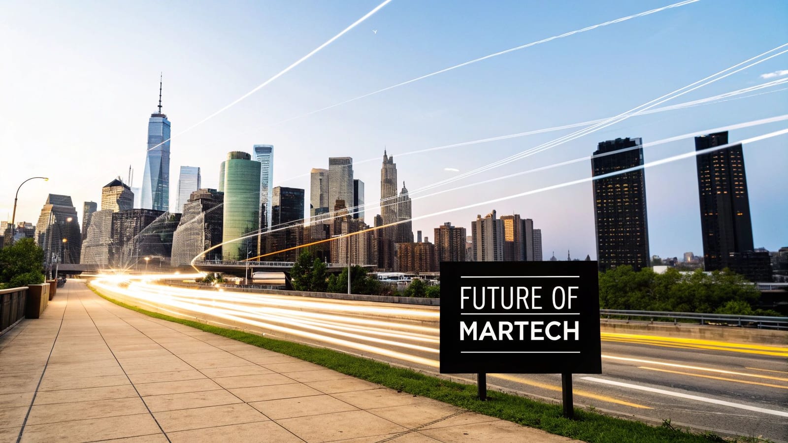 City skyline at dusk with light trails from cars on a highway and a 'FUTURE OF MARTECH' sign.