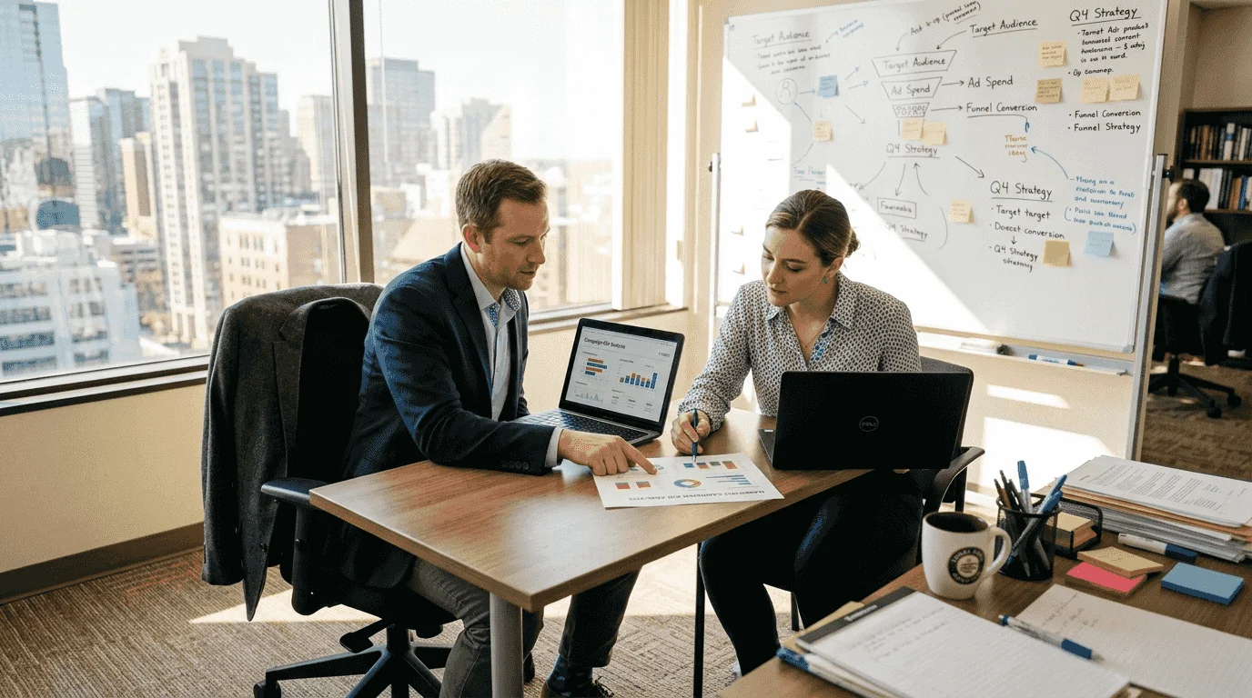 Marketing team reviewing AI strategy in office