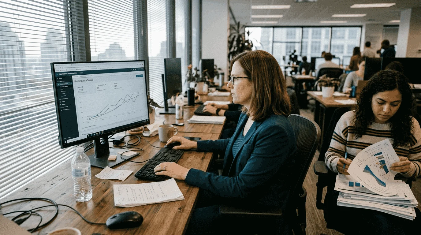 Marketer analyzing AI-driven campaign results