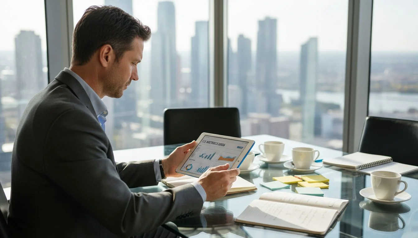 Executive analyzing CX metrics on tablet