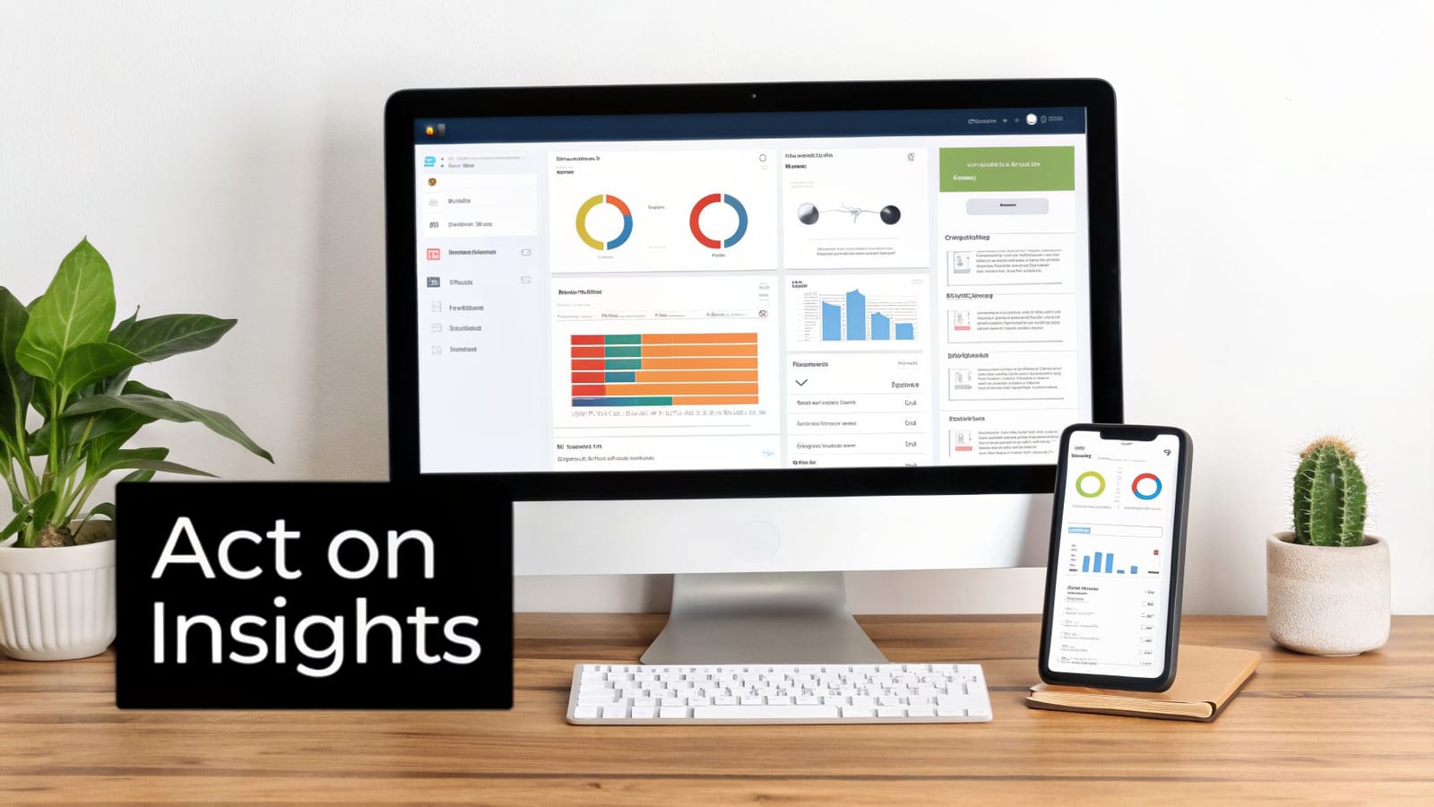 Modern office desk with a computer and smartphone displaying business analytics dashboards.