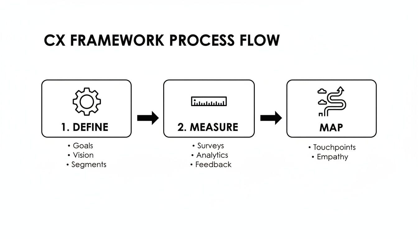 A CX Framework Process Flow diagram detailing three steps: Define, Measure, and Map customer experience.
