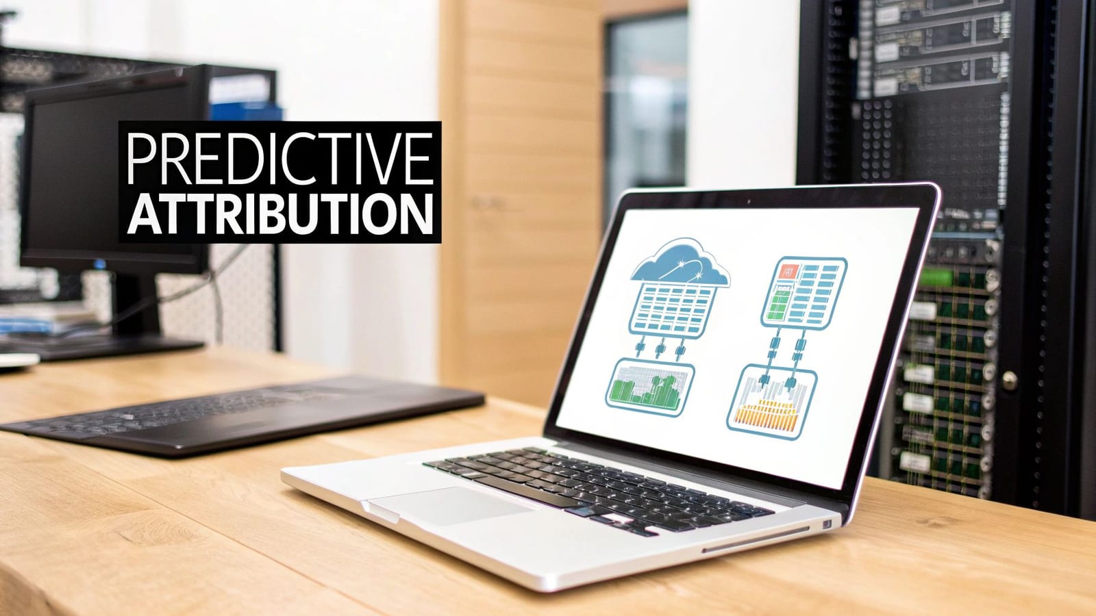 A laptop displaying data analytics diagrams next to a monitor with 'PREDICTIVE ATTRIBUTION' text.