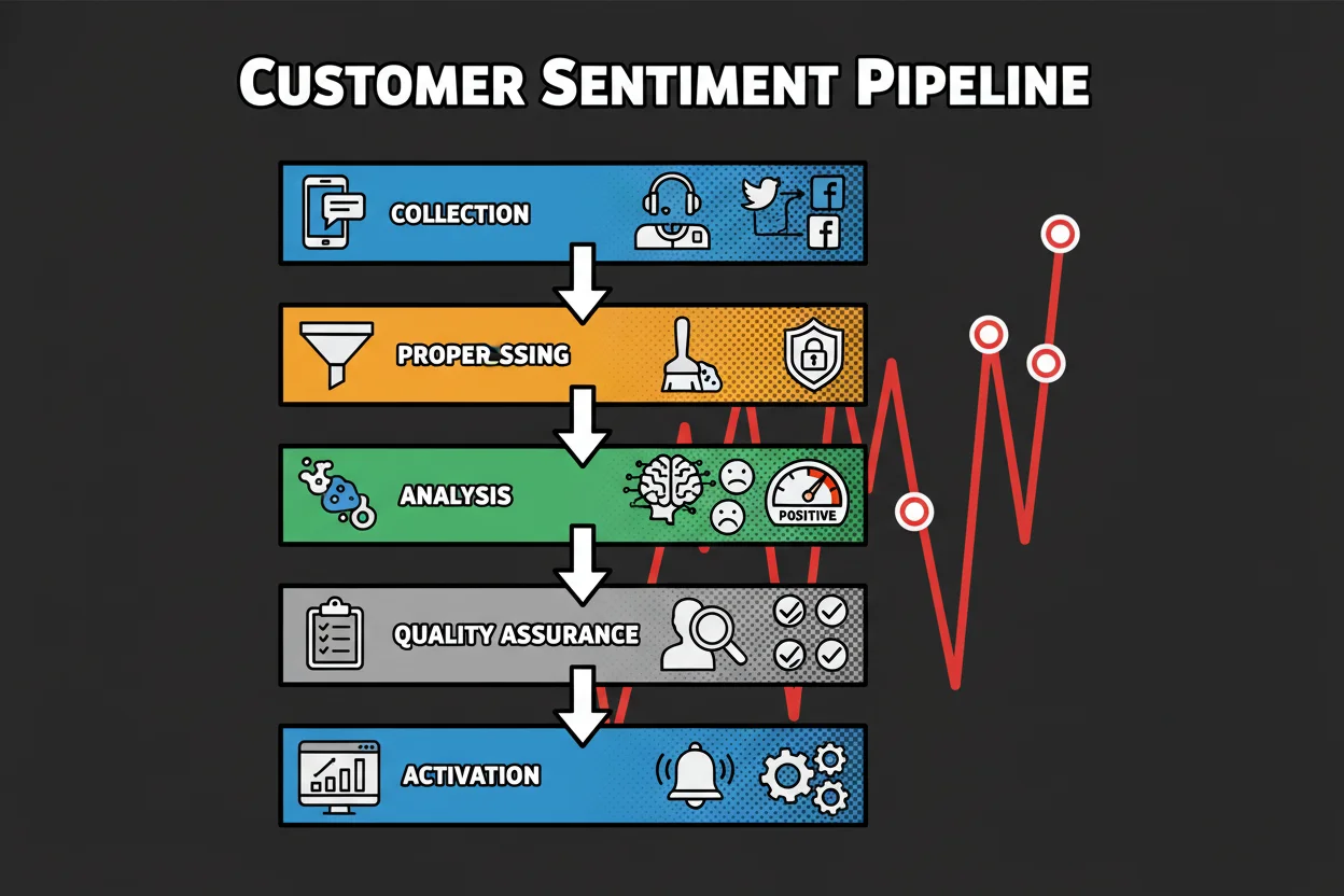 A vertical swimlane diagram with five lanes: Data Collection (app store reviews, support tickets, social posts), Preprocessing (language detect, dedupe, PII mask), Analysis (document sentiment, aspect sentiment, emotion scores), QA & Evaluation (human spot-checks, precision/recall widgets), Activation (CSAT dashboard, alert thresholds, Jira ticket creation, email suppression segment). Arrows indicate thresholds triggering alerts and an overlay shows a sample sentiment trend line with annotations for campaign events.