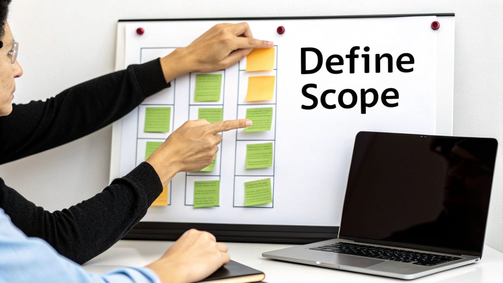 Two people defining project scope on a whiteboard with sticky notes and a laptop.