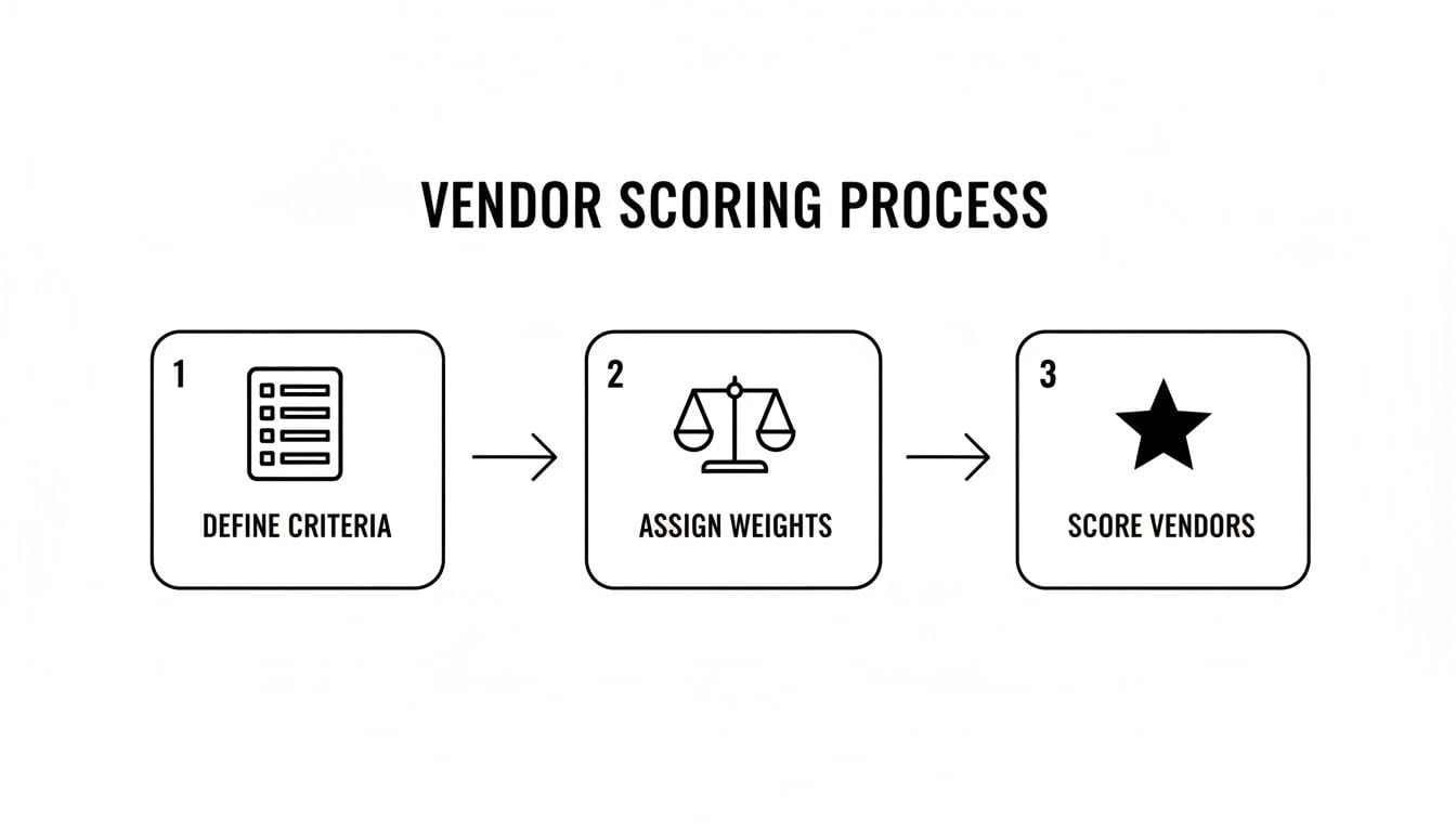 A flowchart illustrates the three-step vendor scoring process: define criteria, assign weights, and score vendors.