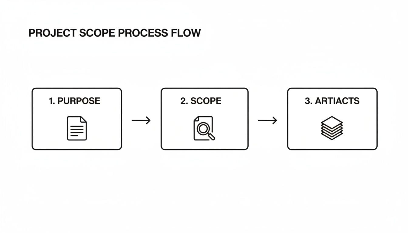 Project scope process flow diagram illustrating purpose, scope definition, and artifacts output.