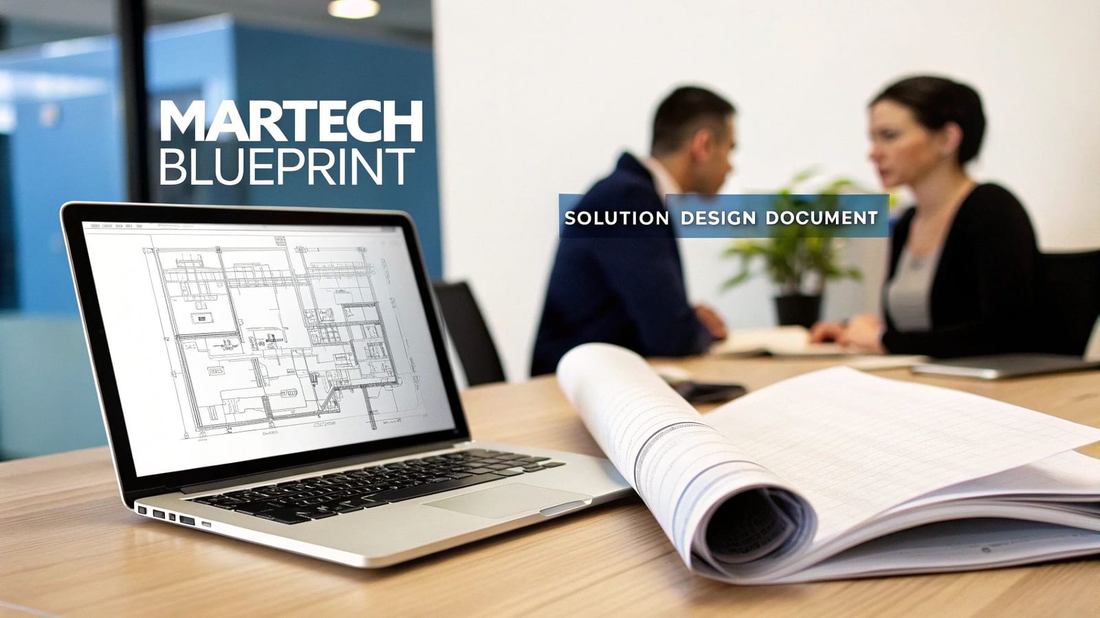 Laptop displaying a blueprint for a MarTech solution design document, with other documents on a table during a meeting.