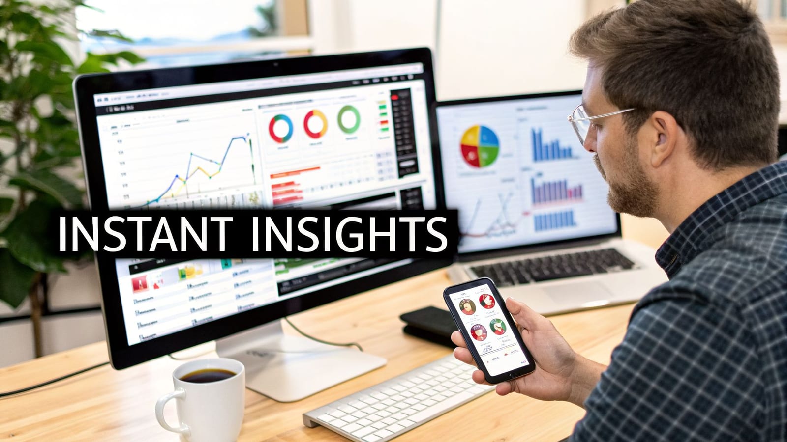 Man viewing data dashboards on multiple screens and a phone for instant insights.