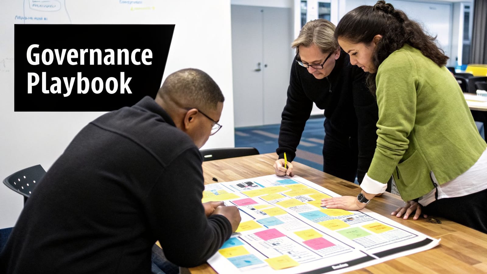 Three diverse professionals collaborate on a 'Governance Playbook' document with colorful sticky notes during a workshop.