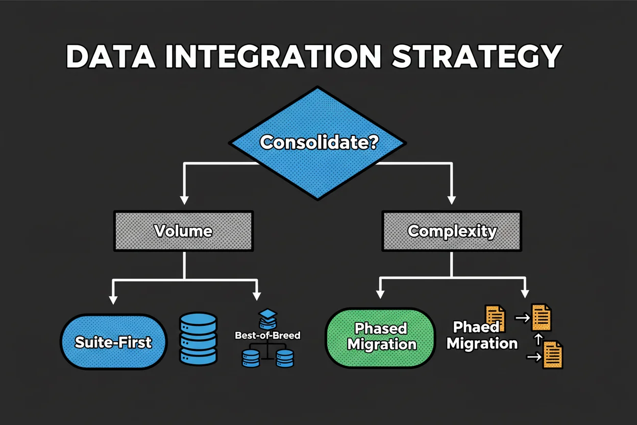 A decision tree starting with “Consolidate or federate?” branching into criteria like data volume, integration complexity, NLP needs, compliance, time-to-value; terminal nodes indicate recommended strategies (suite-first, best-of-breed with iPaaS, phased migration)