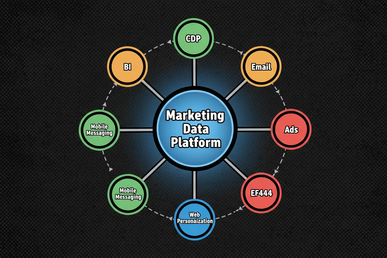 A hub-and-spoke ecosystem map centered on a marketing data platform; spokes connect to partner categories (CDP, email, ads, web personalization, mobile messaging, BI), with labels indicating API connectors and event streams