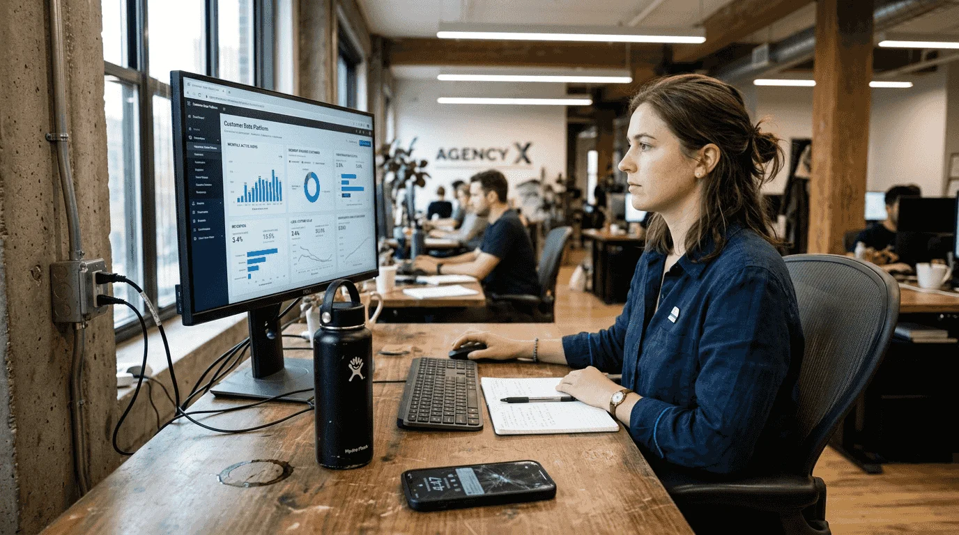Marketer reviews automation dashboard at standing desk