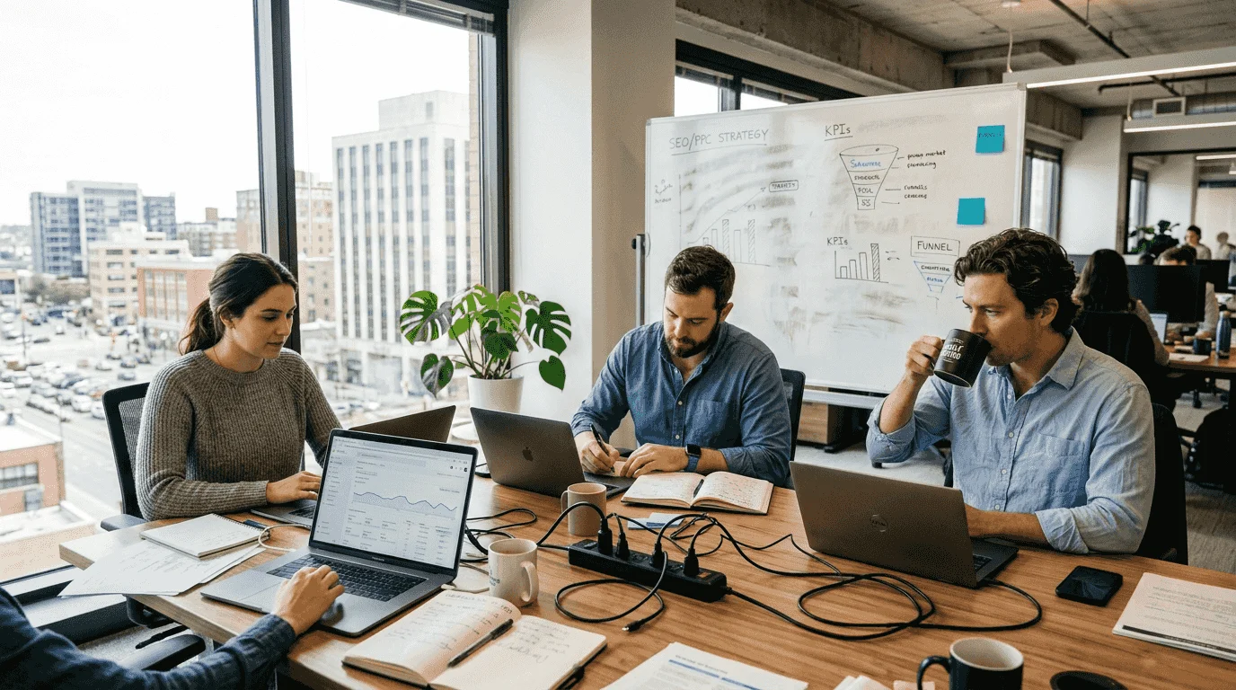Digital marketers collaborating in office workspace