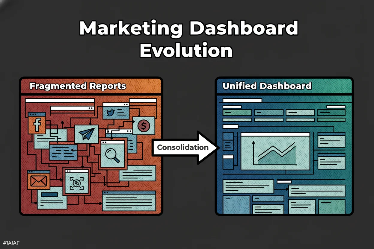 Side-by-side dashboards: left shows fragmented reports with inconsistent metrics by channel, right shows a unified dashboard with total spend, conversions, ROAS, and a multi-touch attribution chart