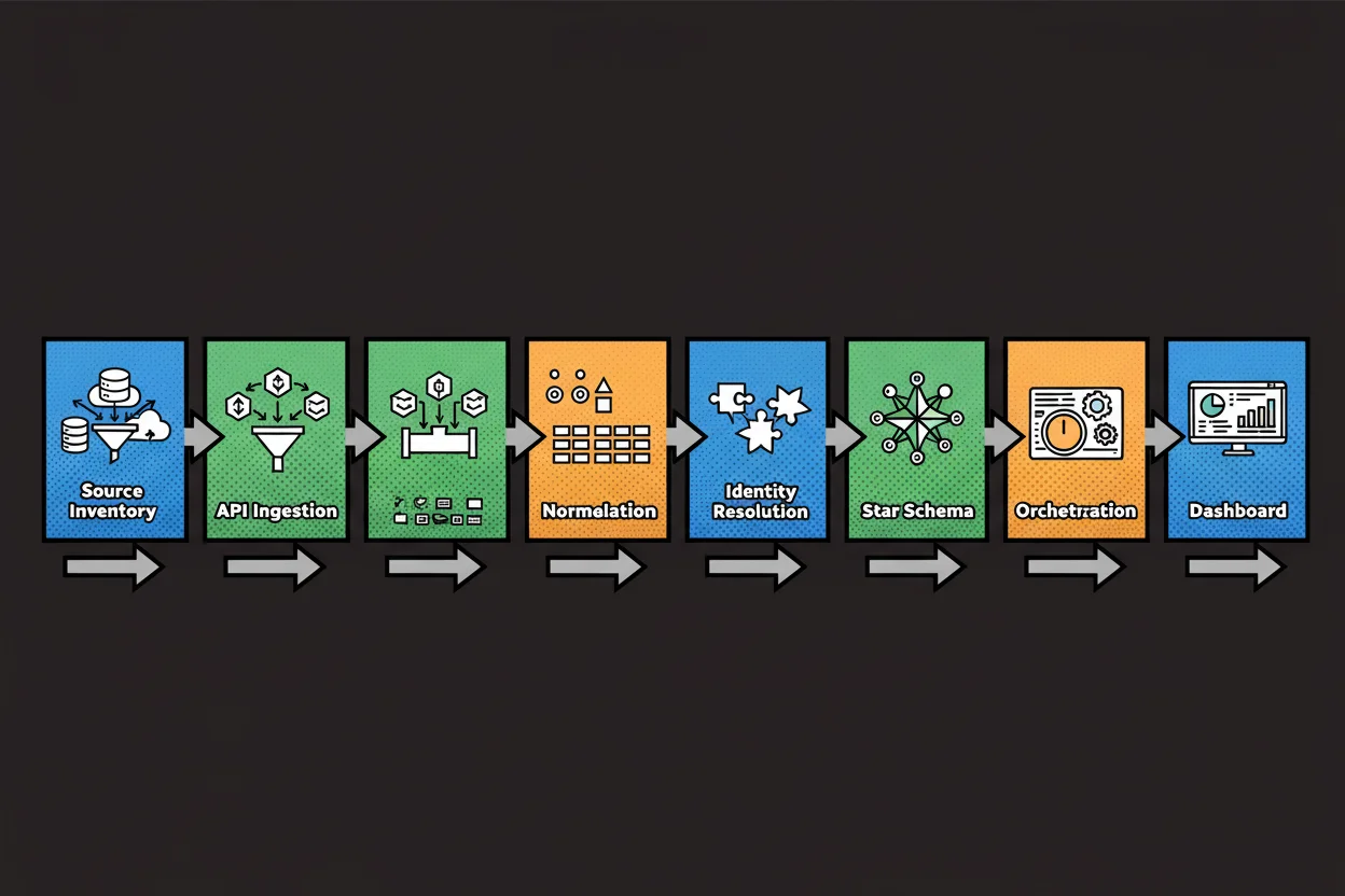 Seven-tile storyboard where each tile depicts a stage: source inventory, API ingestion, normalization, identity resolution, star schema modeling, scheduled orchestration, and a final unified marketing dashboard