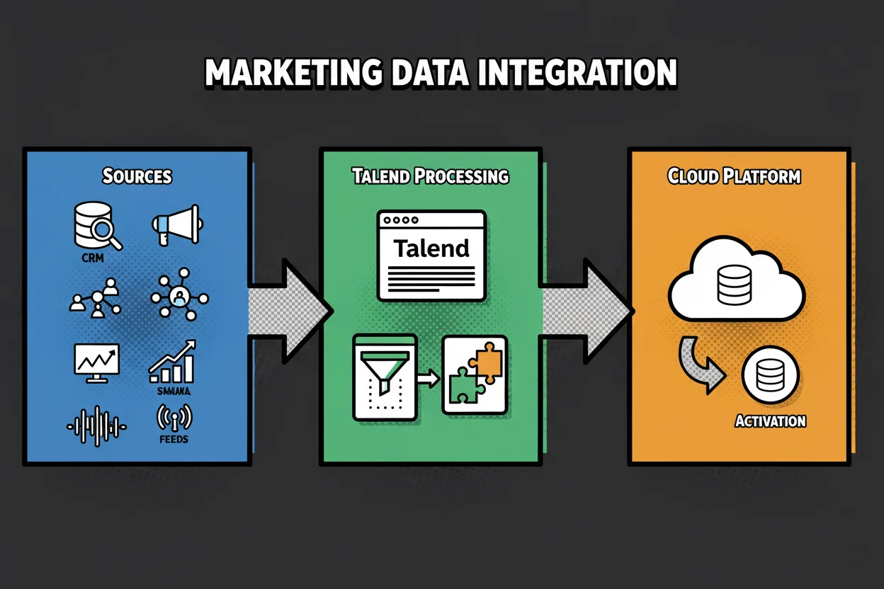 Flowchart of talend data integration for marketers: CRM, Ads, Social, Web Analytics, and d4t4 signal feeds flow into Talend jobs with data quality and identity resolution steps, landing in a cloud marketing data platform and activating audiences