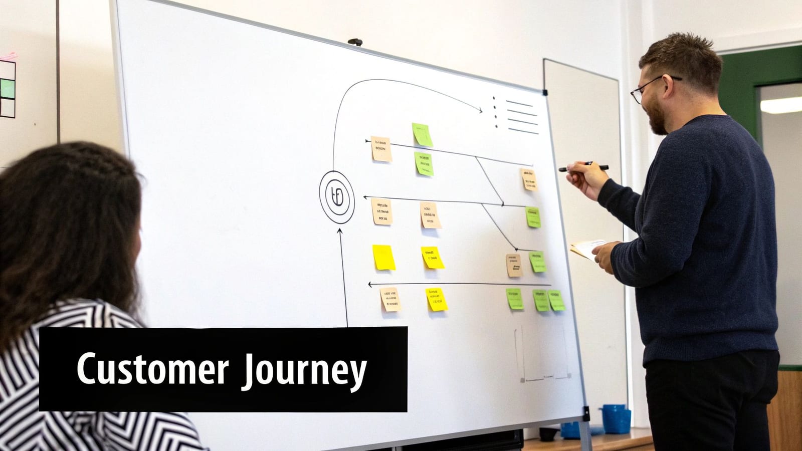 A man writing on a whiteboard with sticky notes while a woman observes, mapping a customer journey.