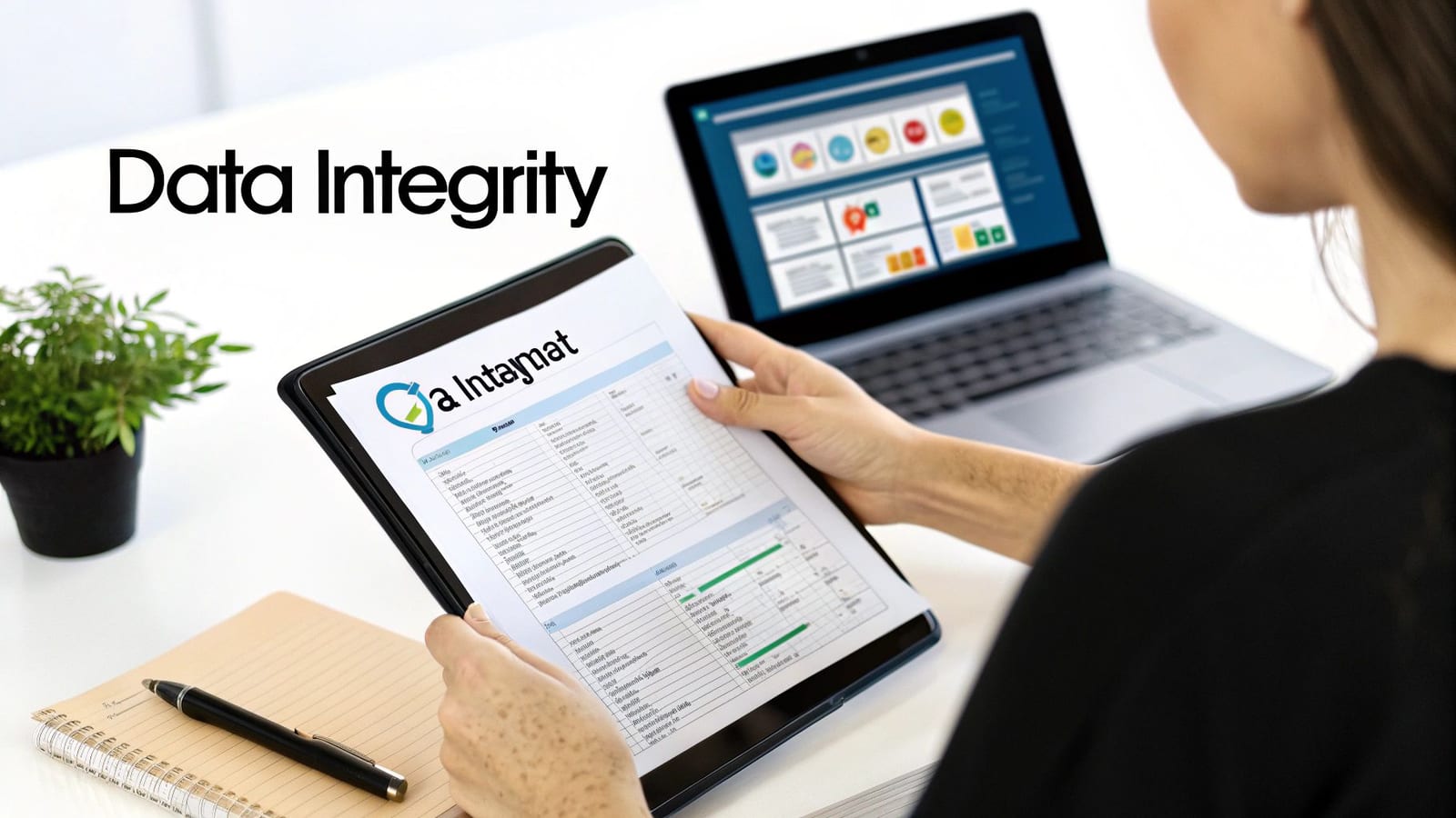 A person holds a tablet displaying data, with 'Data Integrity' text, and a laptop showing analytics dashboards.