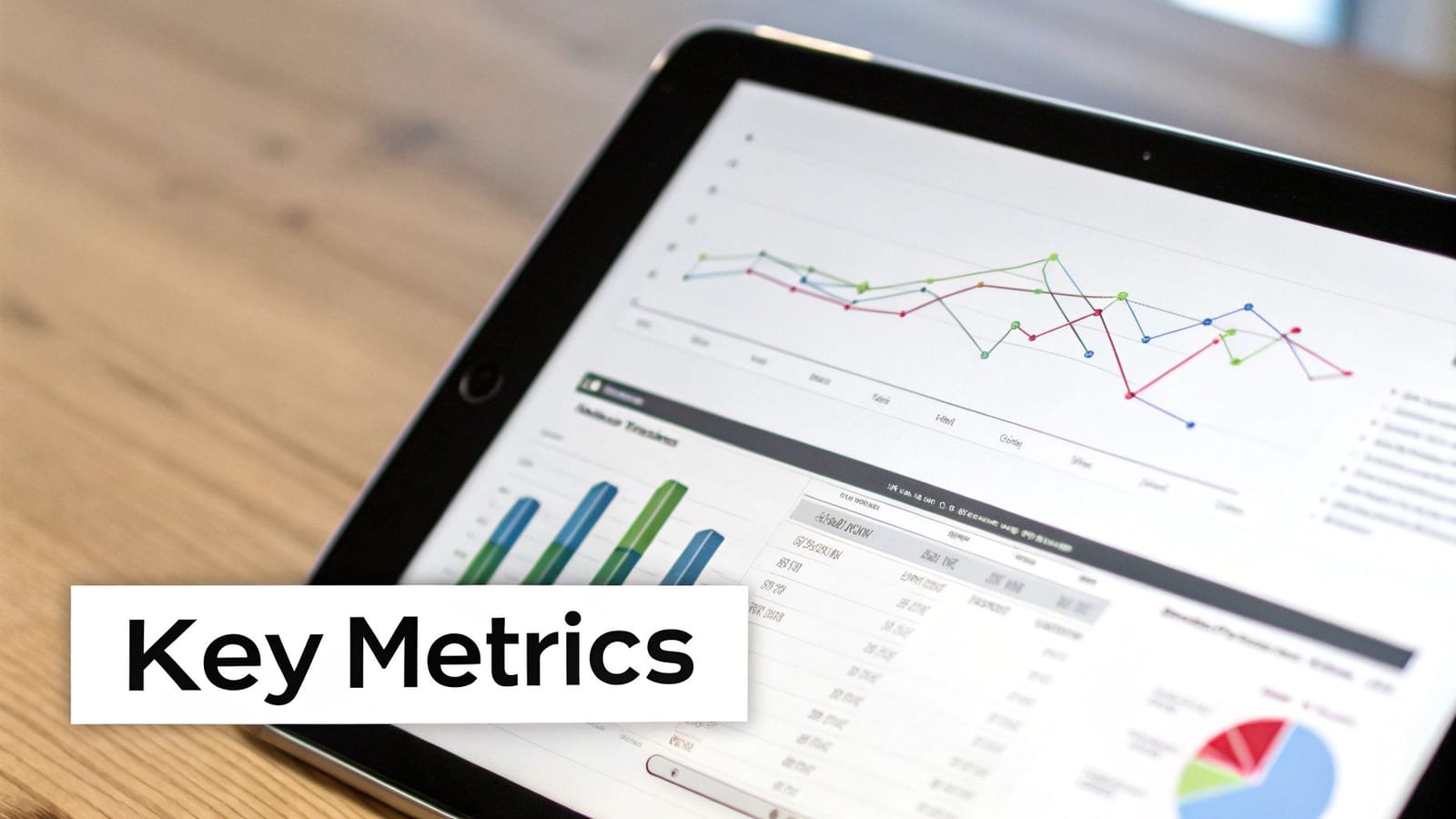 A tablet displays colorful line graphs, bar charts, and a pie chart, showcasing key business metrics on a wooden table.