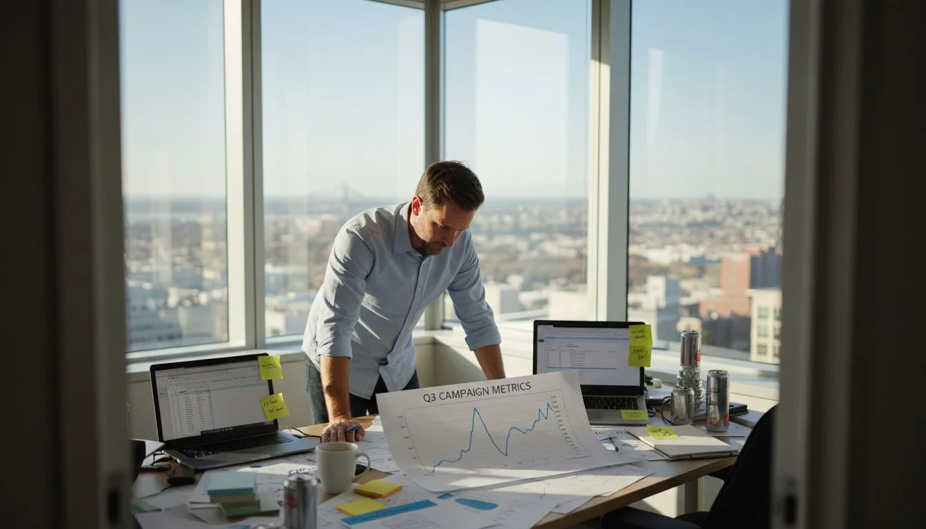 Marketing analyst reviewing reports in sunny office