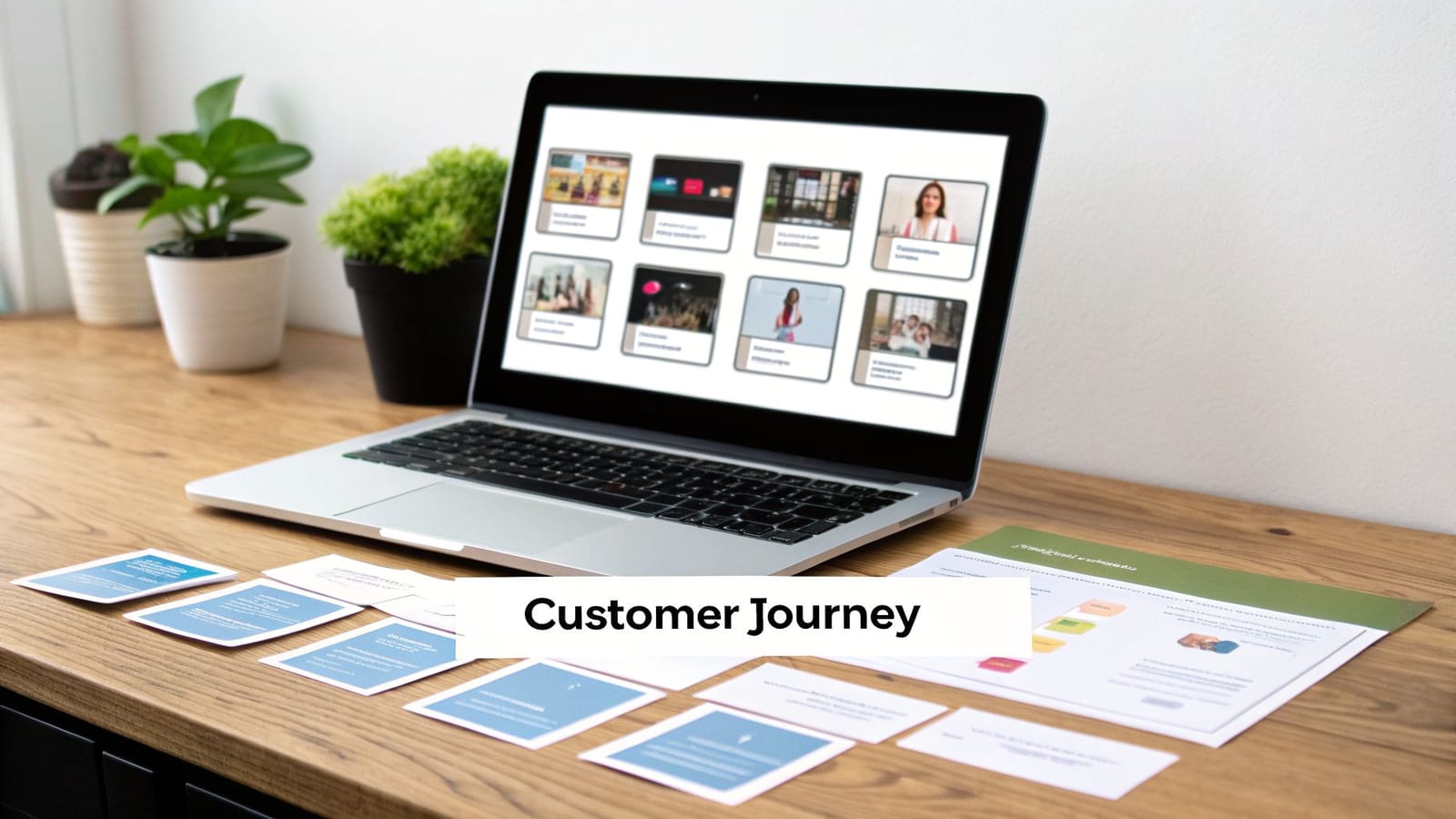 A laptop on a wooden desk showing a customer journey map with various cards and documents around.
