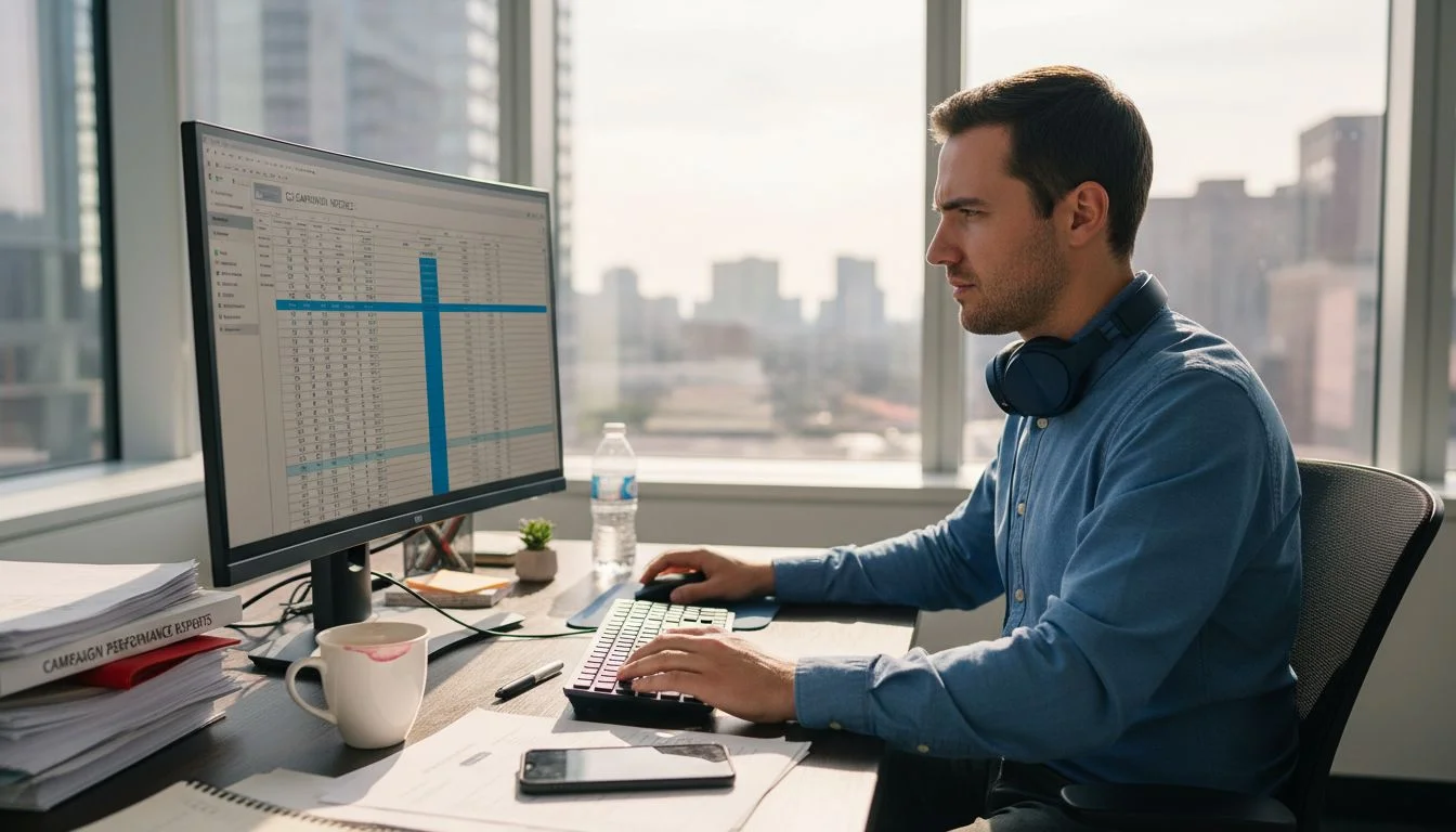 Marketing analyst reviewing campaign metrics desk