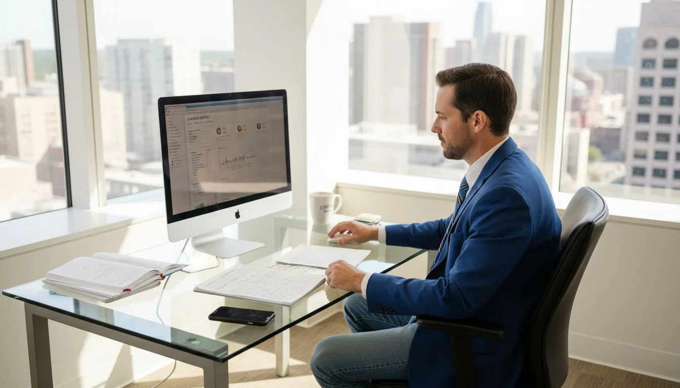 Analyst reviewing marketing data at city office