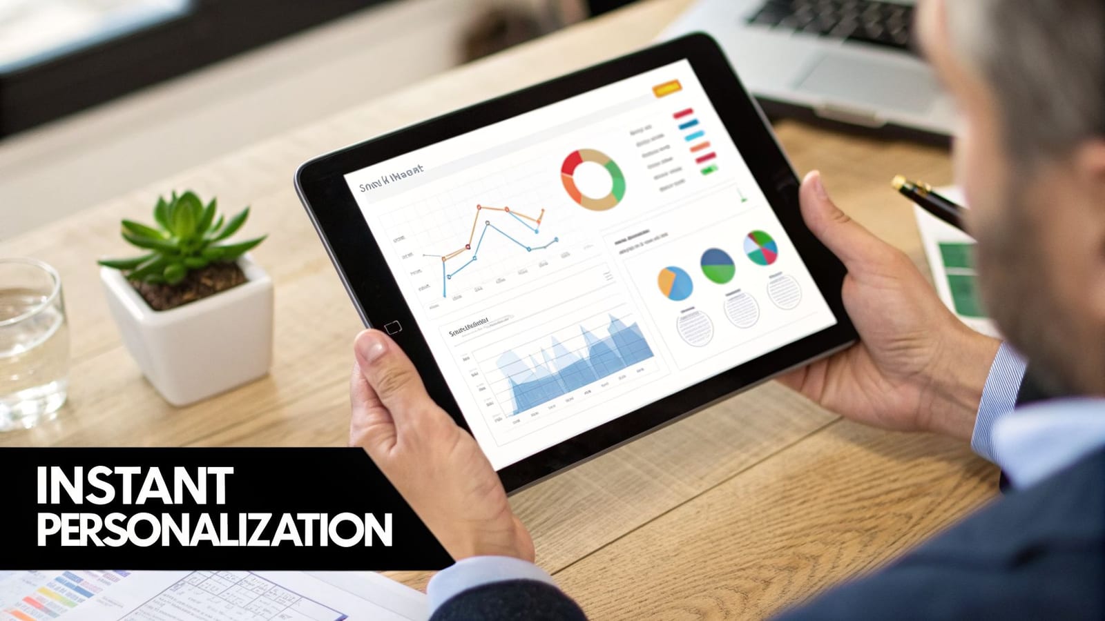 A person holds a tablet displaying business intelligence charts and graphs, emphasizing instant personalization.
