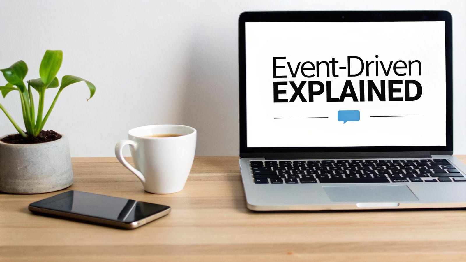 Laptop displaying 'Event-Driven EXPLAINED' next to coffee, a smartphone, and a plant on a wooden desk.