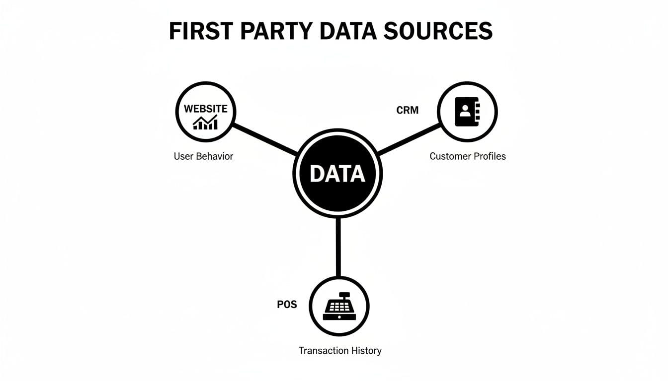 Diagram illustrating first-party data sources, including website user behavior, CRM customer profiles, and POS transaction history.