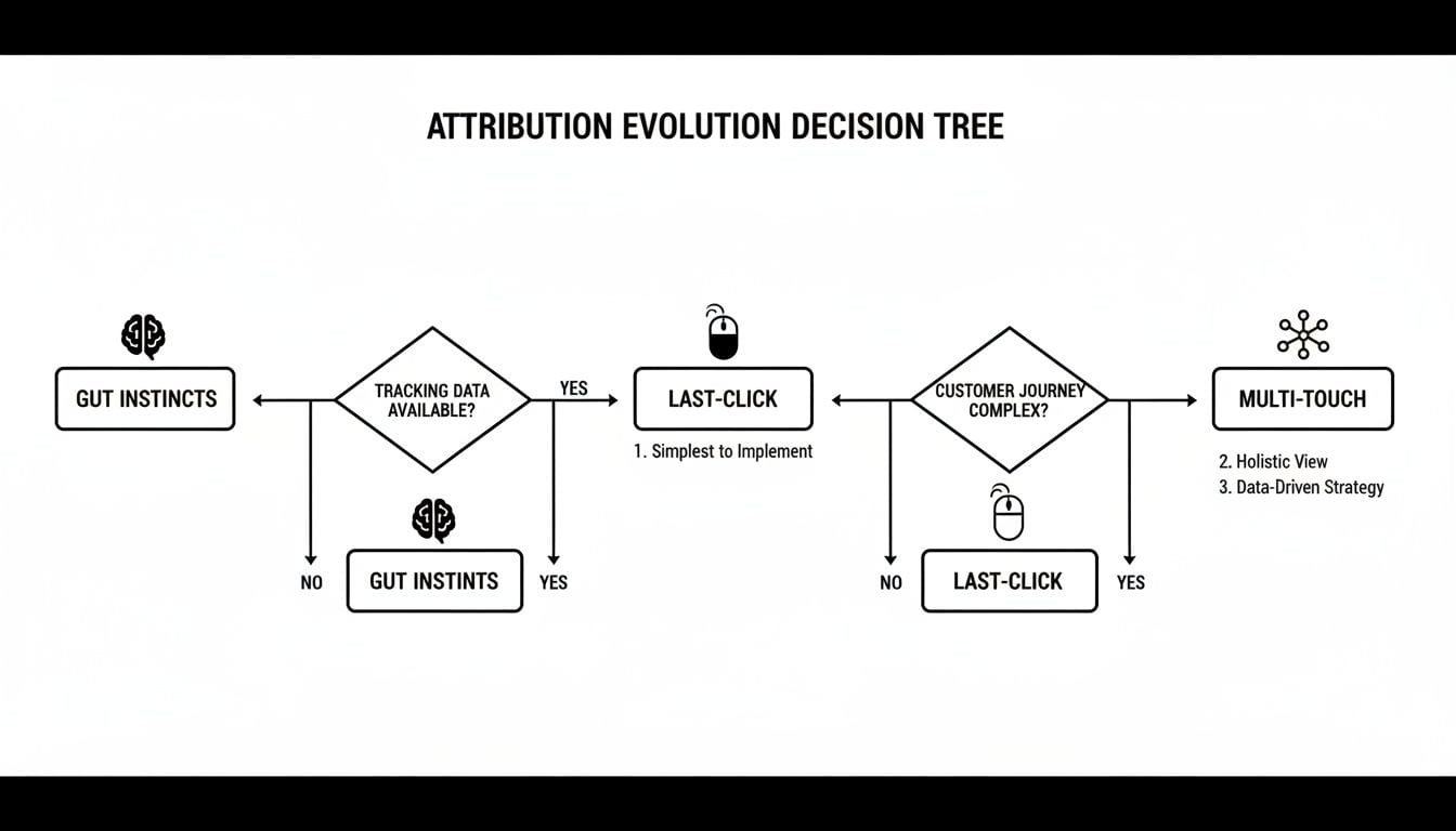 A decision tree flowchart illustrating the evolution of marketing attribution models from gut instincts to multi-touch.
