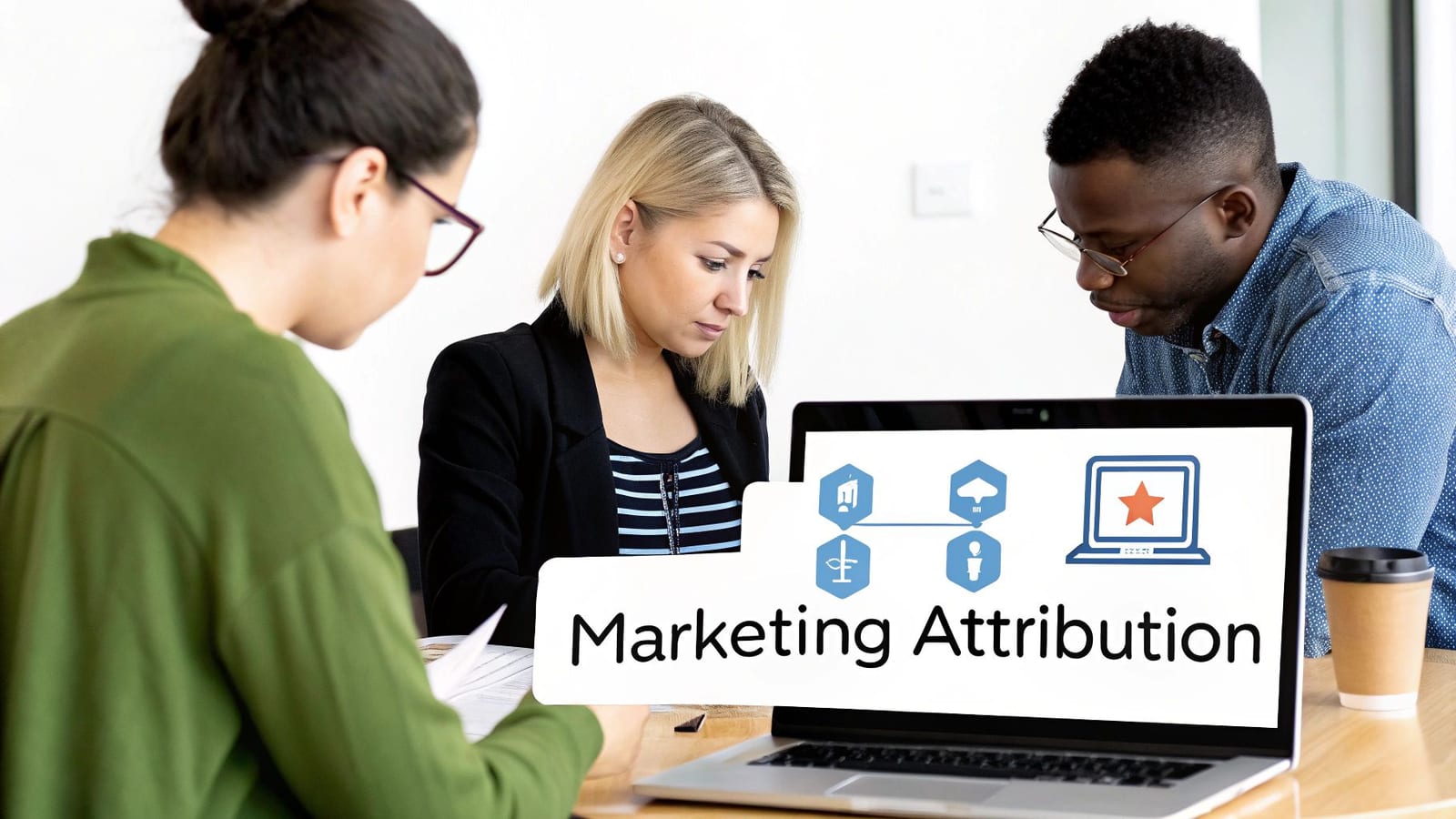 Three diverse professionals are collaborating around a laptop displaying a 'Marketing Attribution' diagram.