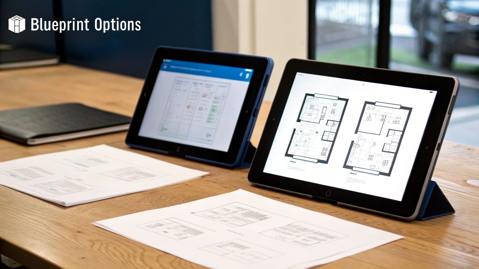 Two tablets on a wooden desk display digital blueprints and data, with paper documents also visible.