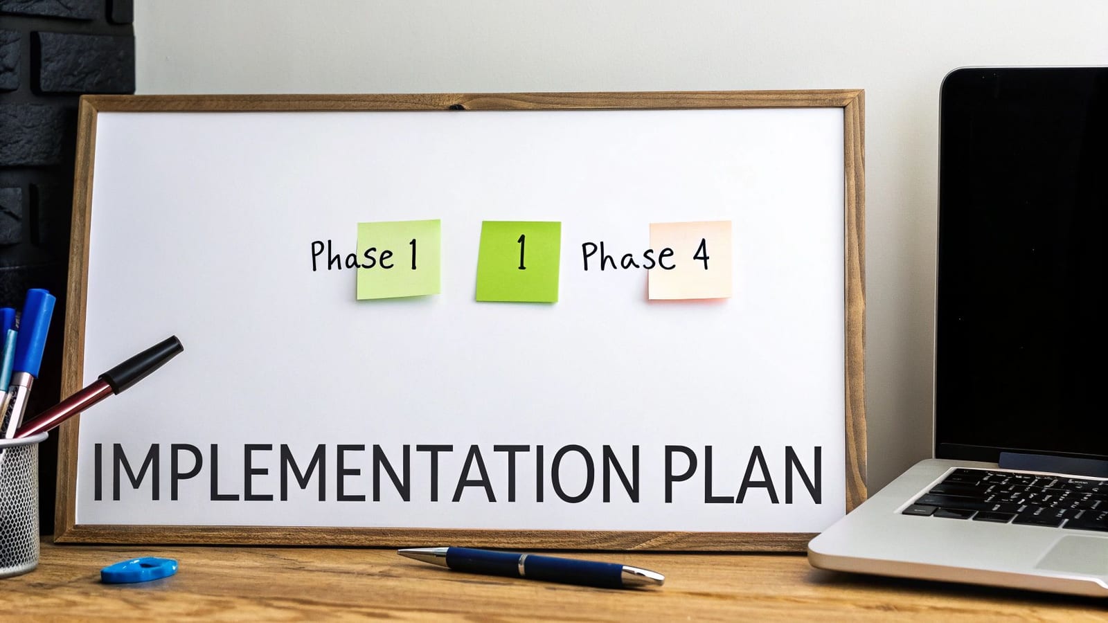 A whiteboard displays 'IMPLEMENTATION PLAN' with sticky notes 'Phase 1', '1', and 'Phase 4', alongside pens and a laptop.
