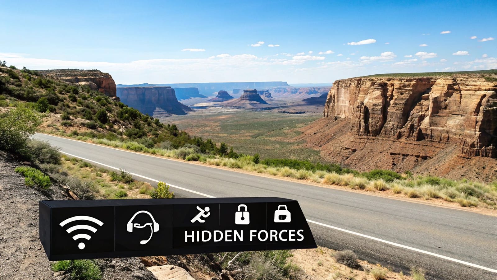 A scenic desert road winding through canyons and mesas under a clear blue sky, with a 'Hidden Forces' overlay.
