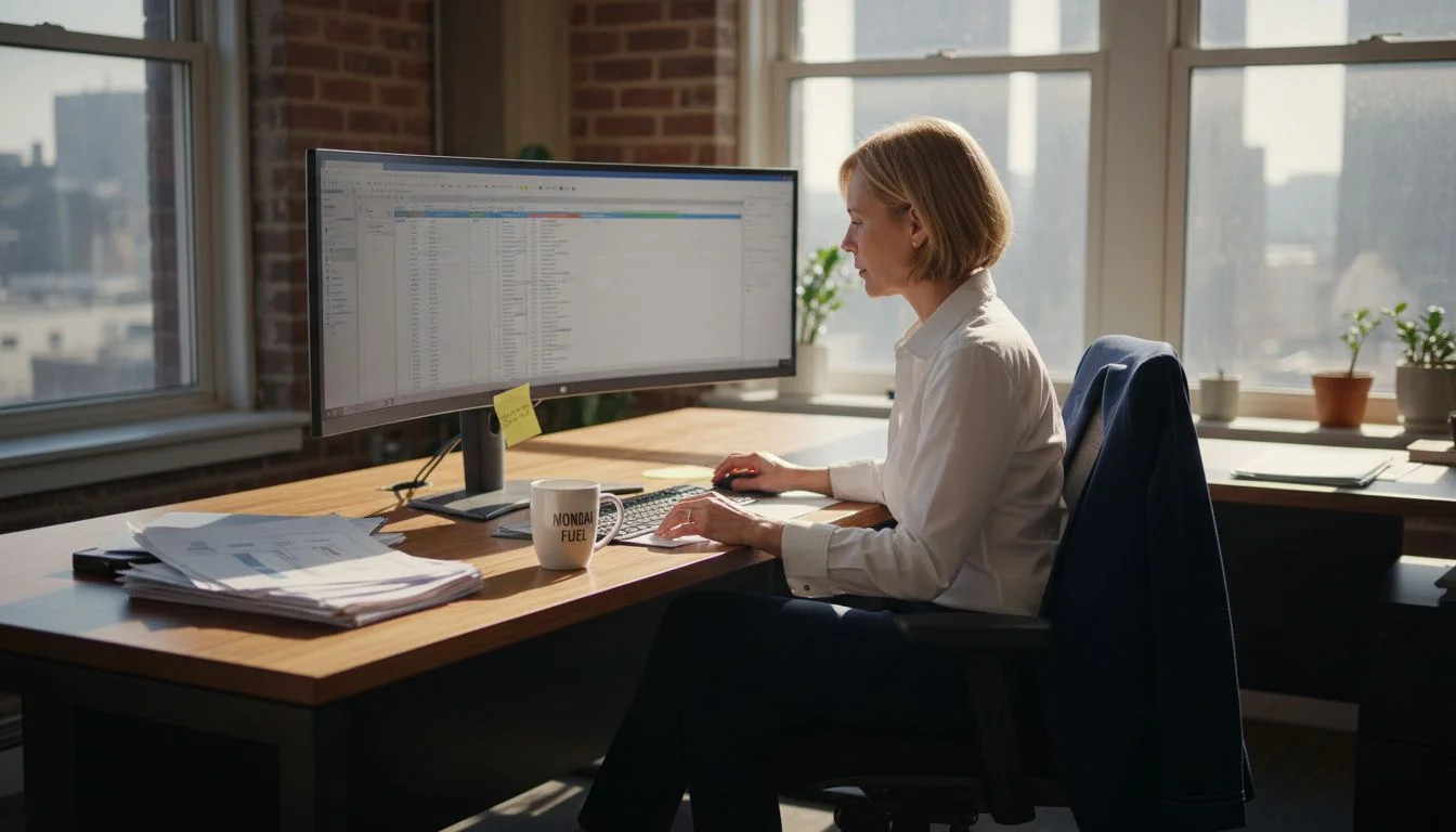 Manager reviews marketing operations in office