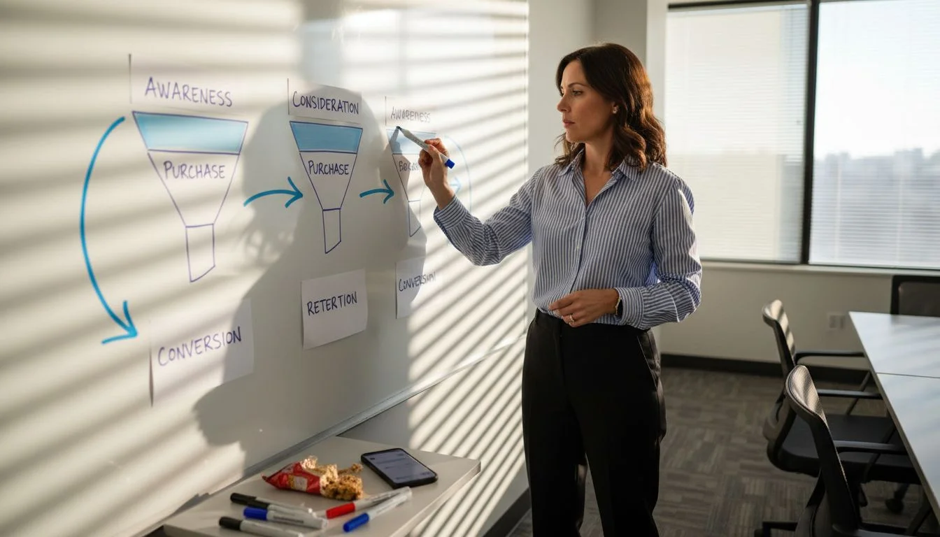 Marketer maps customer journey on whiteboard