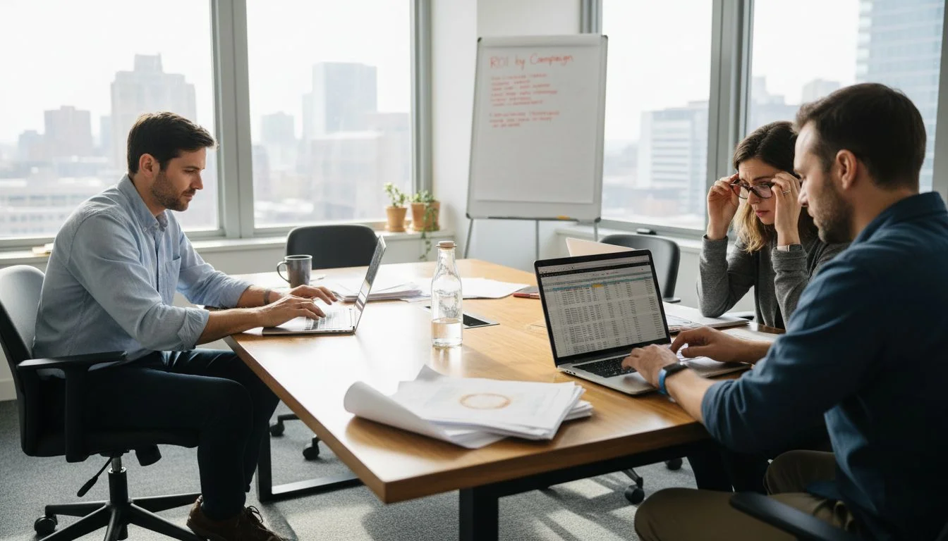 Marketers reviewing campaign data in corner office