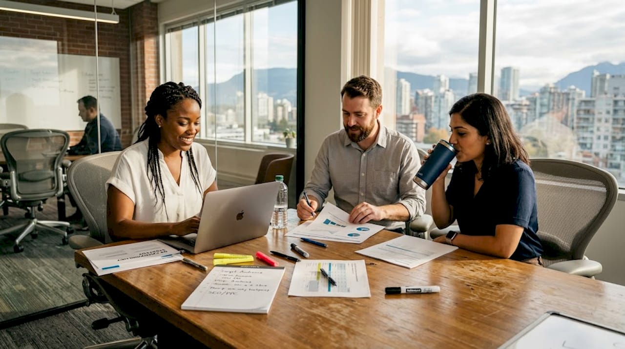 Marketing team collaborating in office workspace